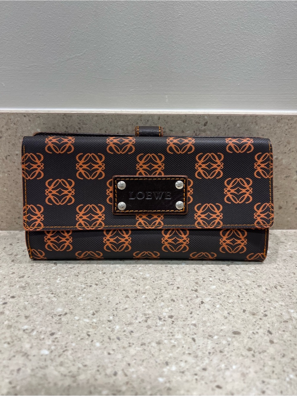 Loewe Black Wallet with Orange Anagram Print and Logo Plaque